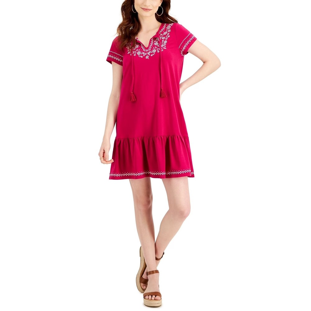 Style & Co Womens Large Magenta Pink Embroidered Tassel Boho Shift Dress